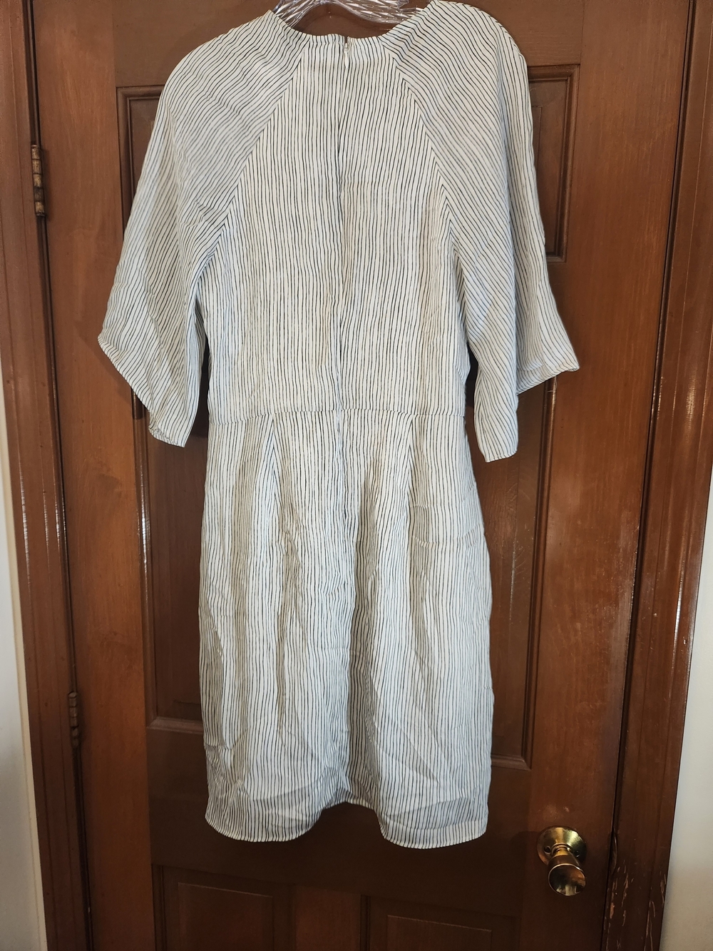 New York & Company White with Black Pinstripe Tie-Waist Midi Dress - Picture 4 of 6